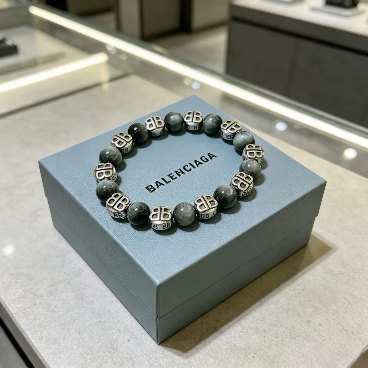Balenciaga BB Bracelet Perles Pierre Gris-Vert et Métal Argenté 7