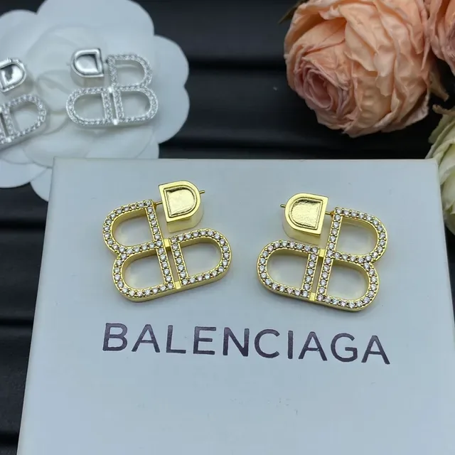 Boucles d'oreilles Balenciaga BB or argent Interlocking Logo Pavé-Crystal Embellished 5