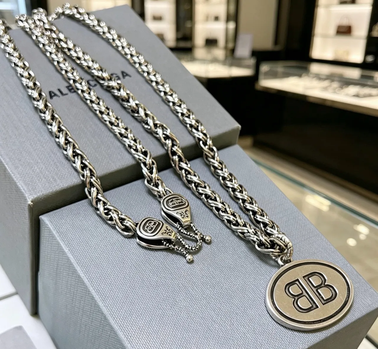 Balenciaga BB Oval Pendant Braided Curb Chain Necklace 2