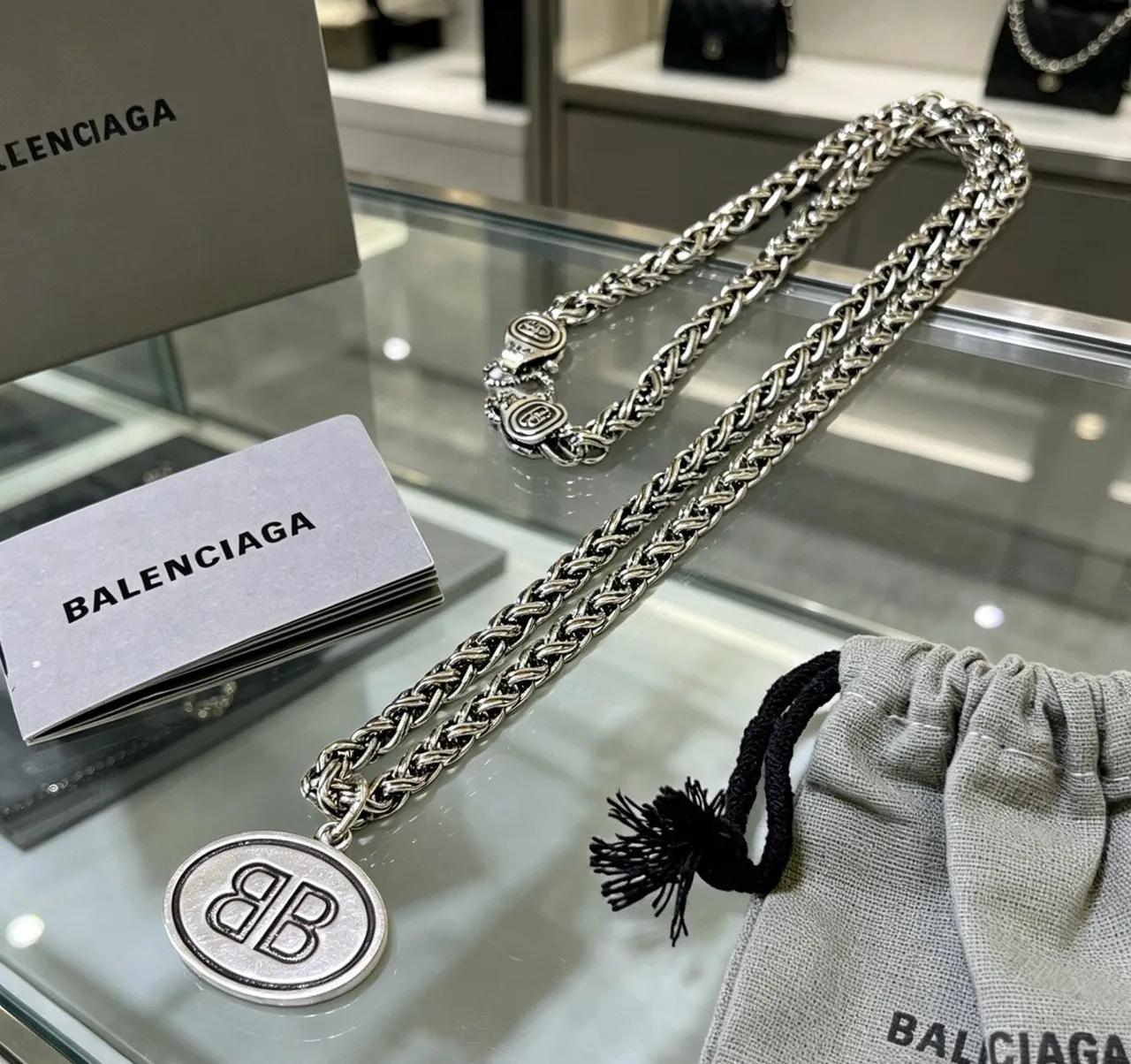 Balenciaga BB Oval Pendant Braided Curb Chain Necklace 3