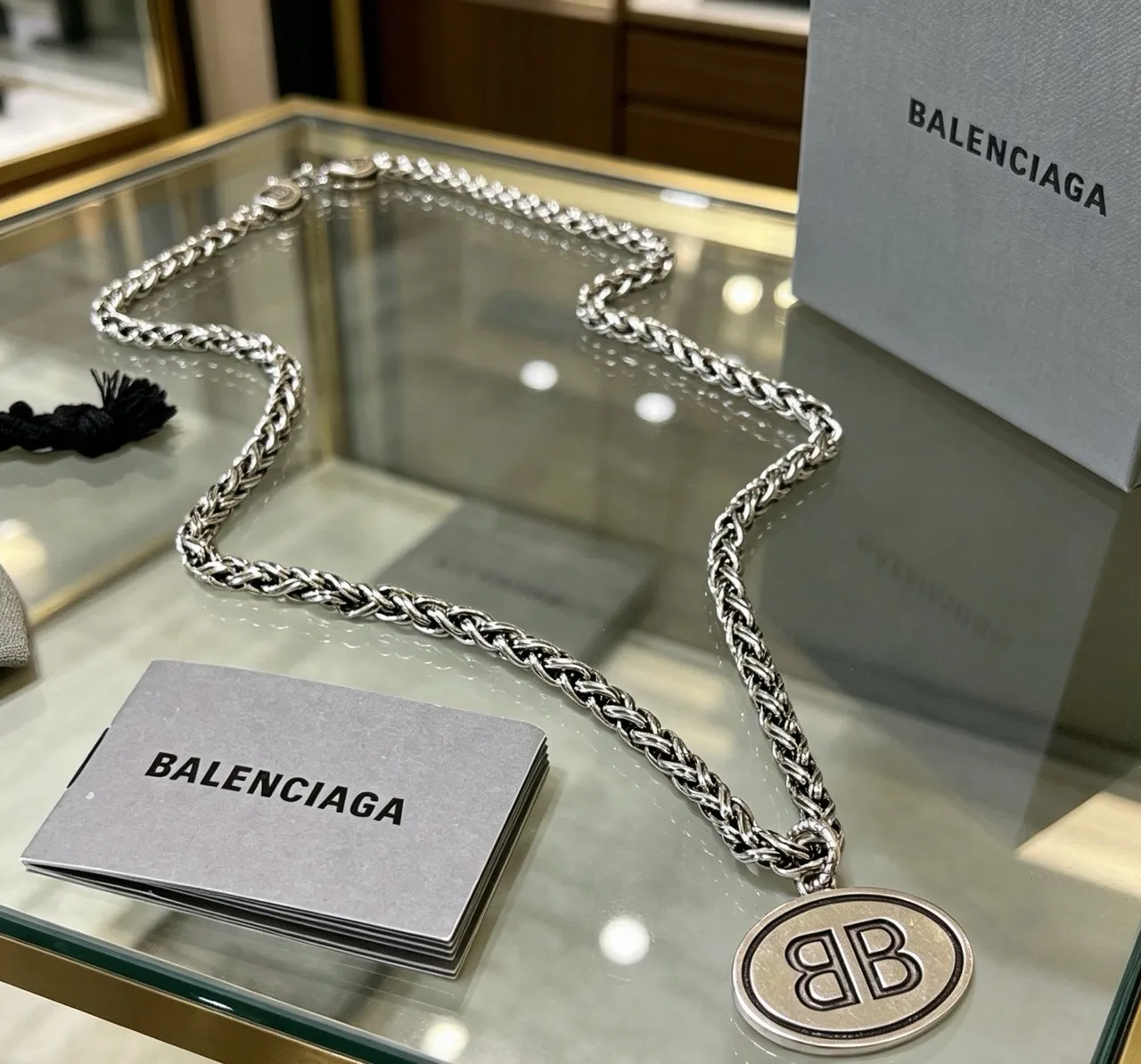 Balenciaga BB Oval Pendant Braided Curb Chain Necklace 5