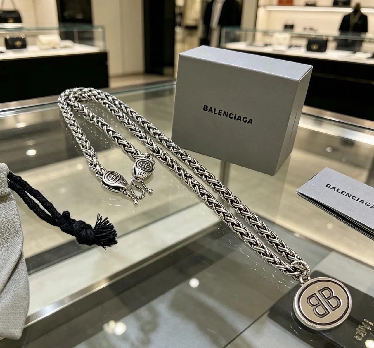 Balenciaga BB Oval Pendant Braided Curb Chain Necklace 6