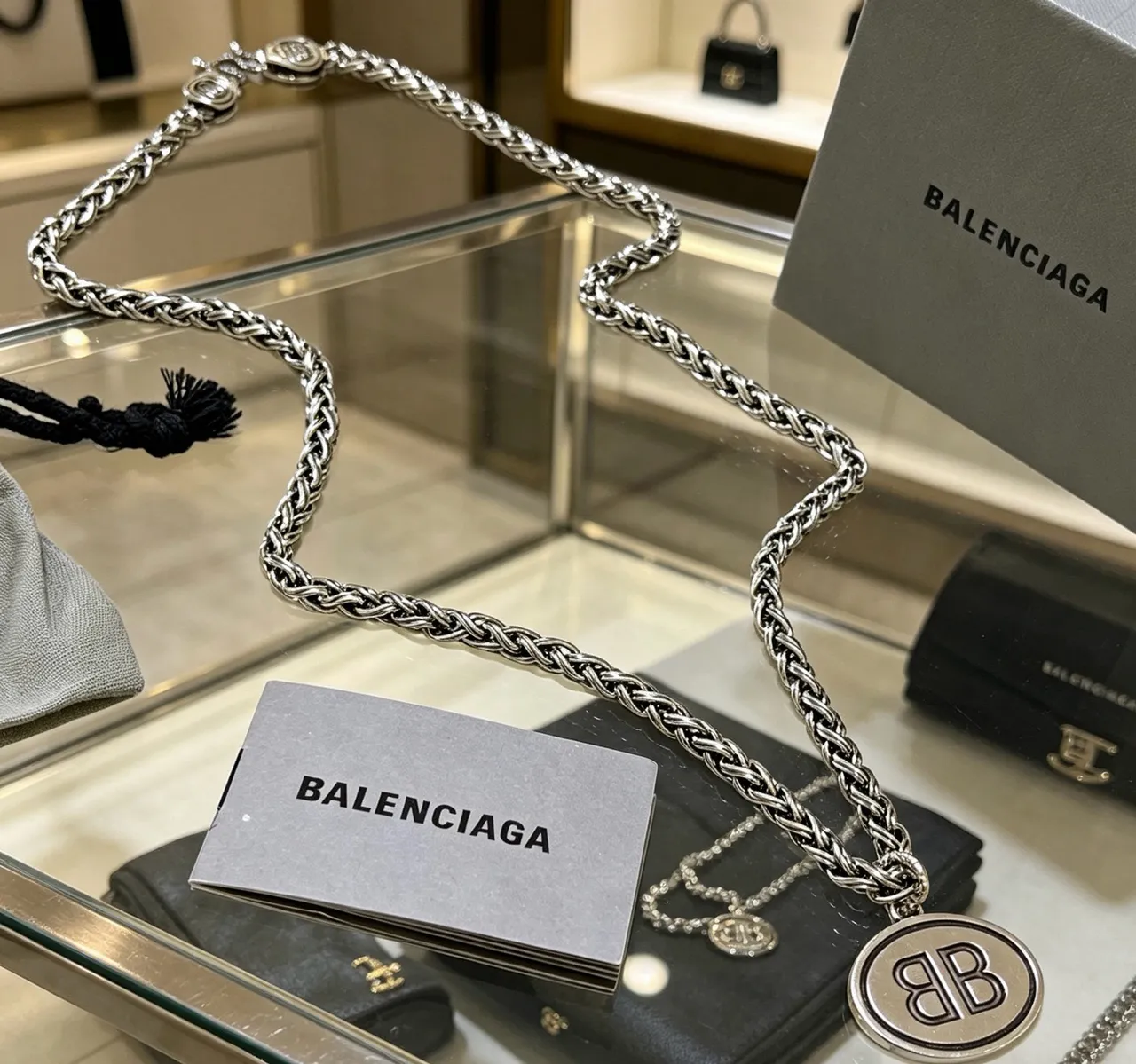 Balenciaga BB Oval Pendant Braided Curb Chain Necklace 9