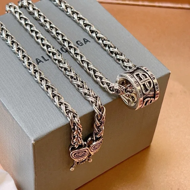 Balenciaga BB Ring Necklace Silver-Tone Braided Chain Necklace 9