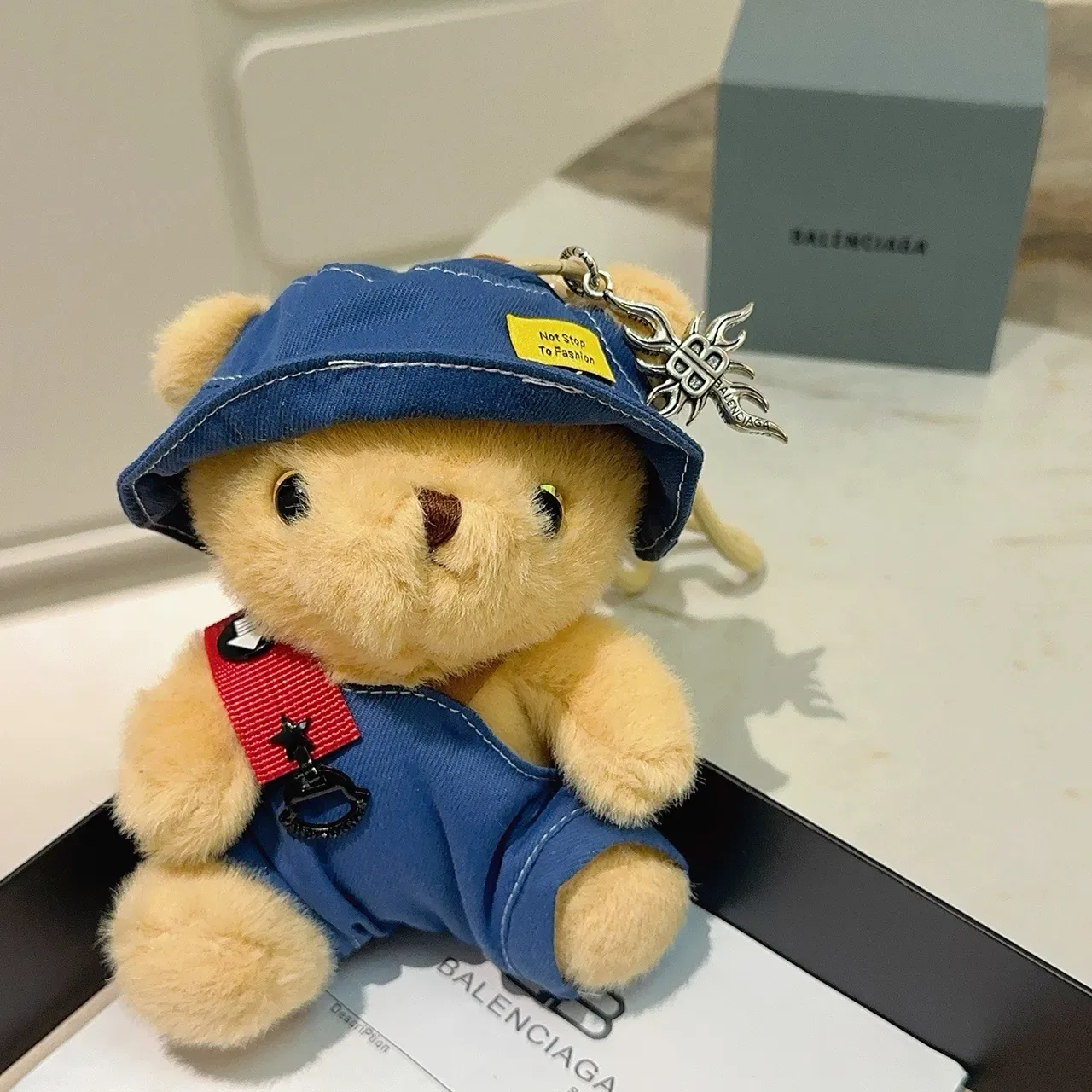 Balenciaga Beige Blue Plush Teddy Bear Denim-Style Hat And Overalls Handbag 2