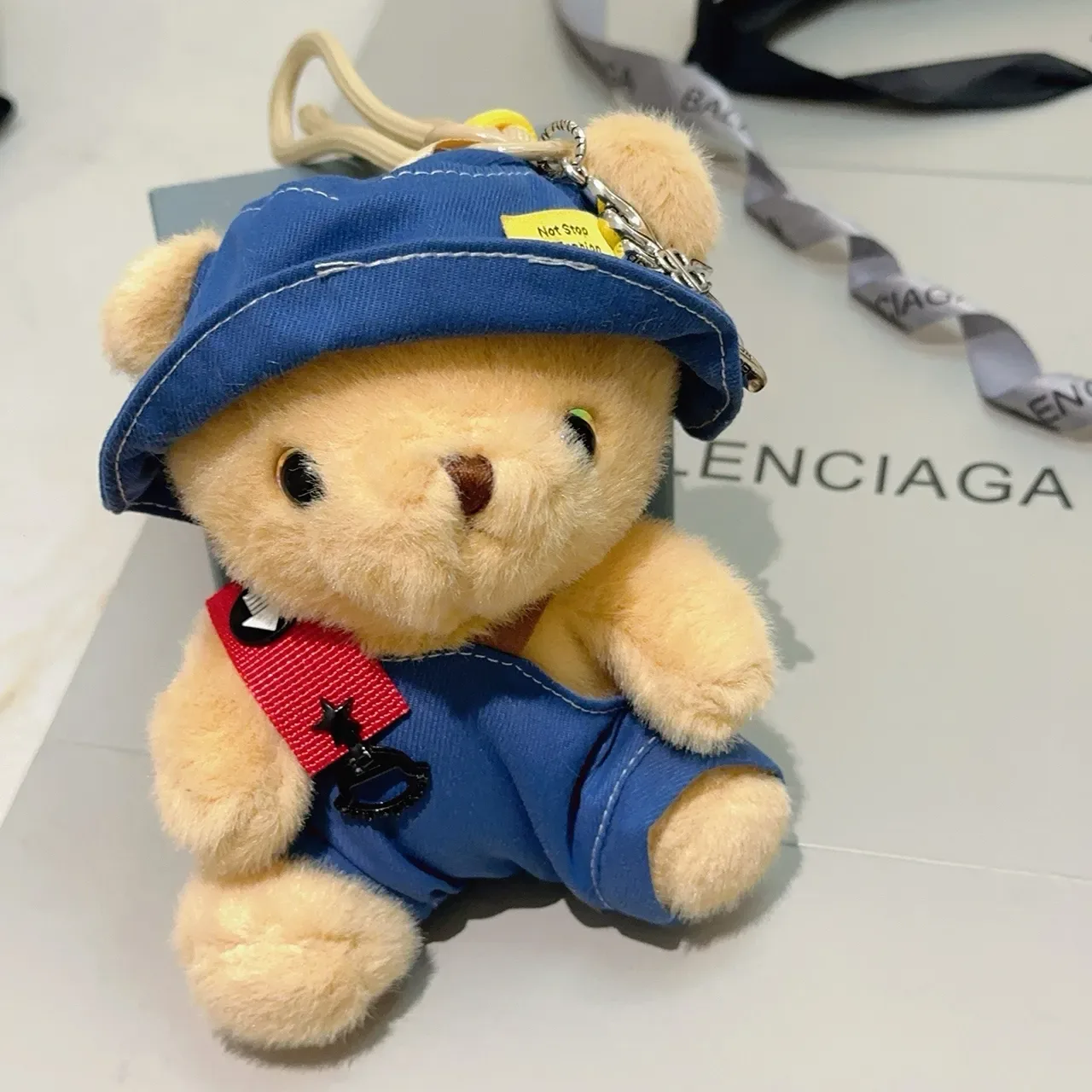 Balenciaga Beige Blue Plush Teddy Bear Denim-Style Hat And Overalls Handbag 4