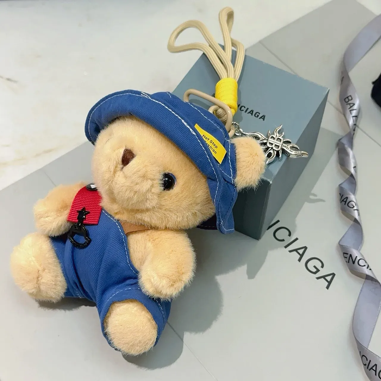 Balenciaga Beige Blue Plush Teddy Bear Denim-Style Hat And Overalls Handbag 5