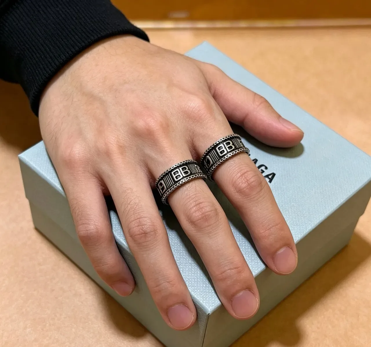 Balenciaga Logo Ring Silver Black Wide Band Engraved Ring 2