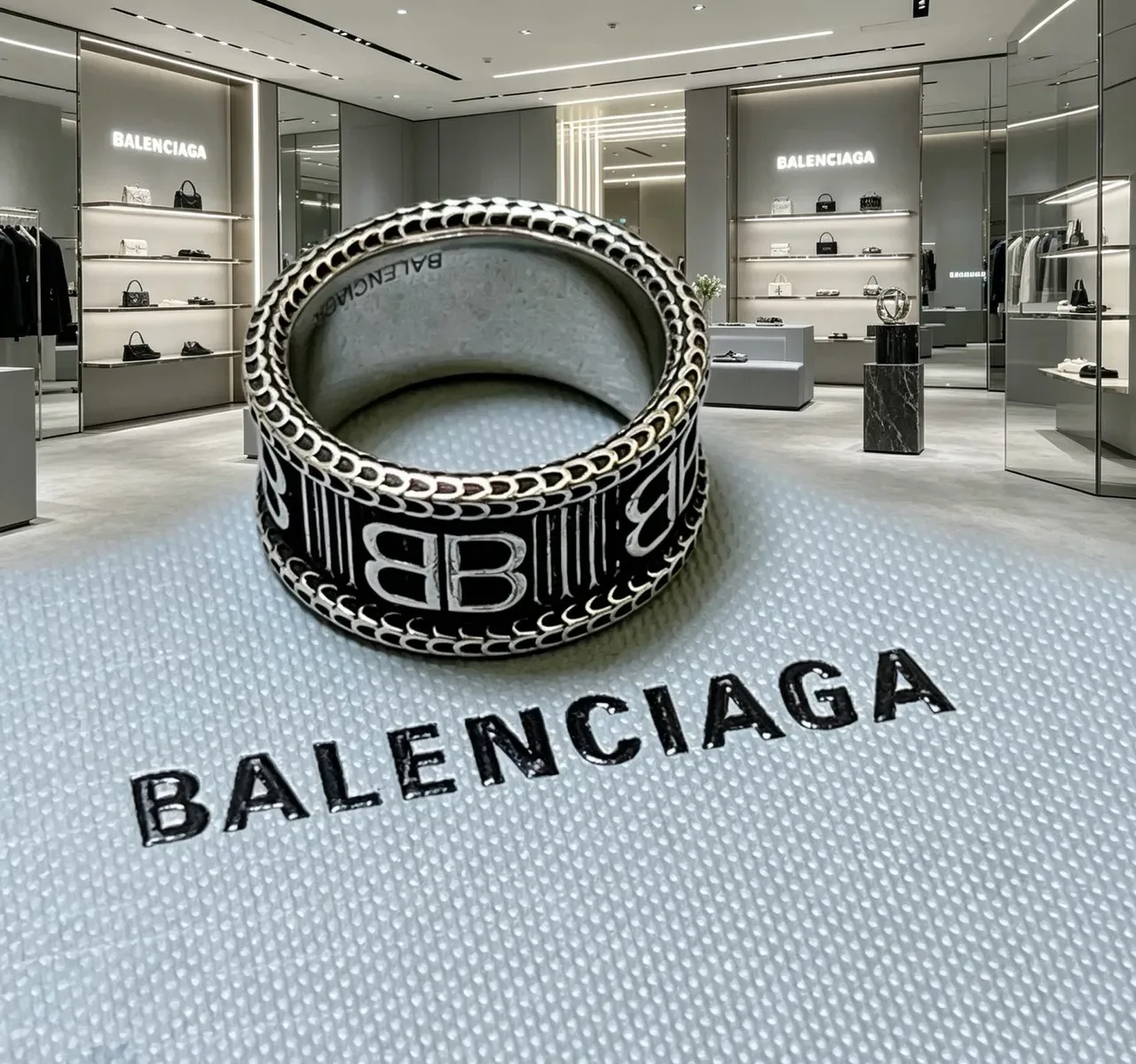 Balenciaga Logo Ring Silver Black Wide Band Engraved Ring 3