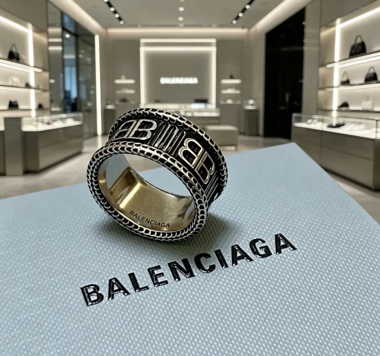 Balenciaga Logo Ring Silver Black Wide Band Engraved Ring 4