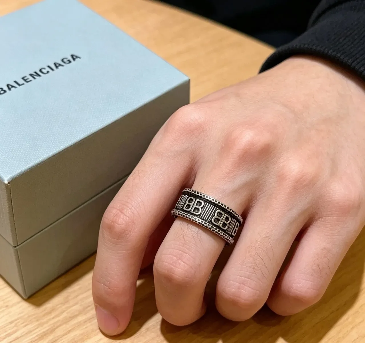 Balenciaga Logo Ring Silver Black Wide Band Engraved Ring 5