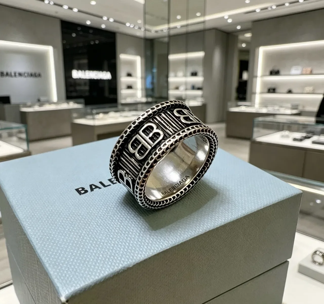 Balenciaga Logo Ring Silver Black Wide Band Engraved Ring 6