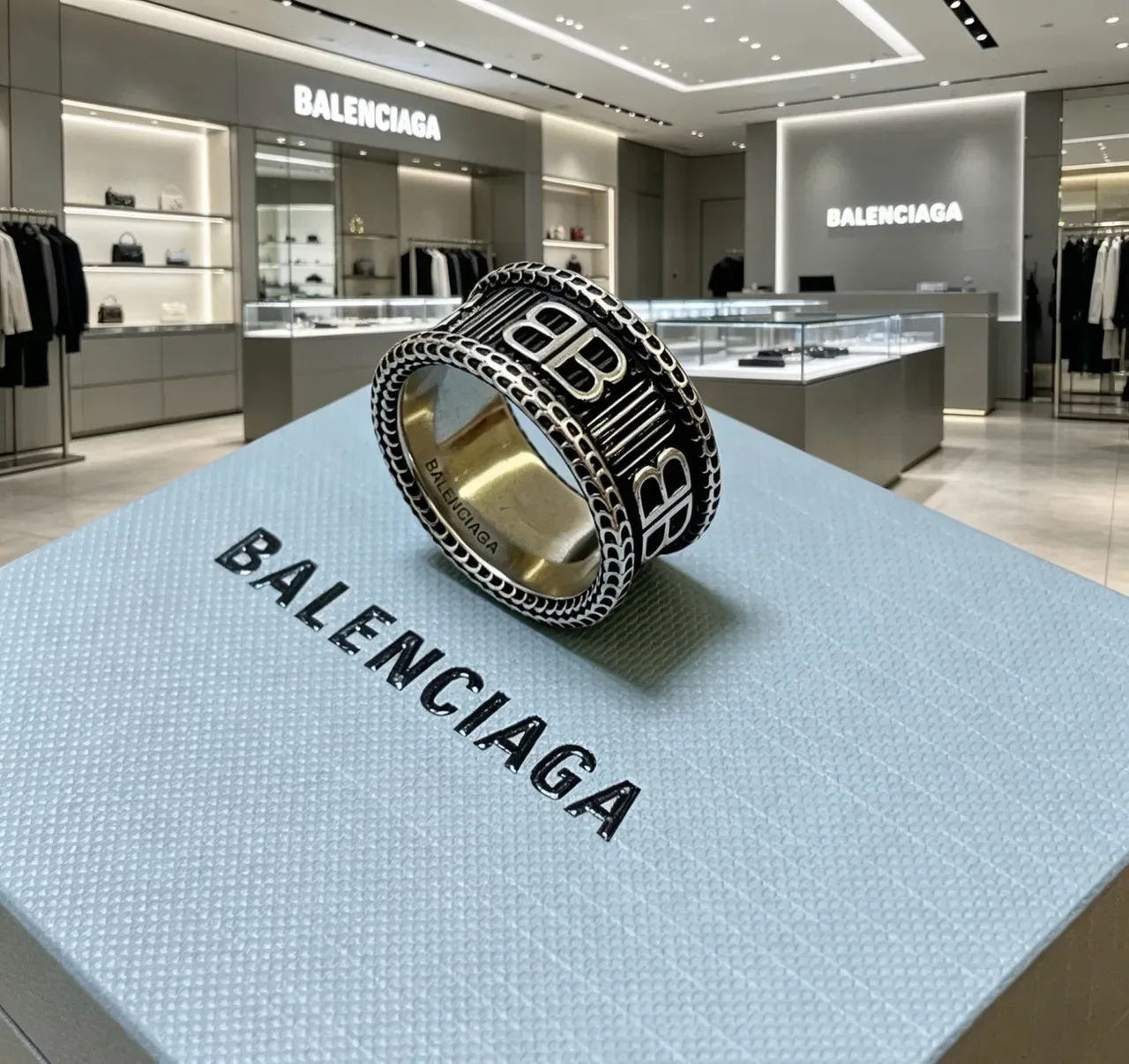 Balenciaga Logo Ring Silver Black Wide Band Engraved Ring 7