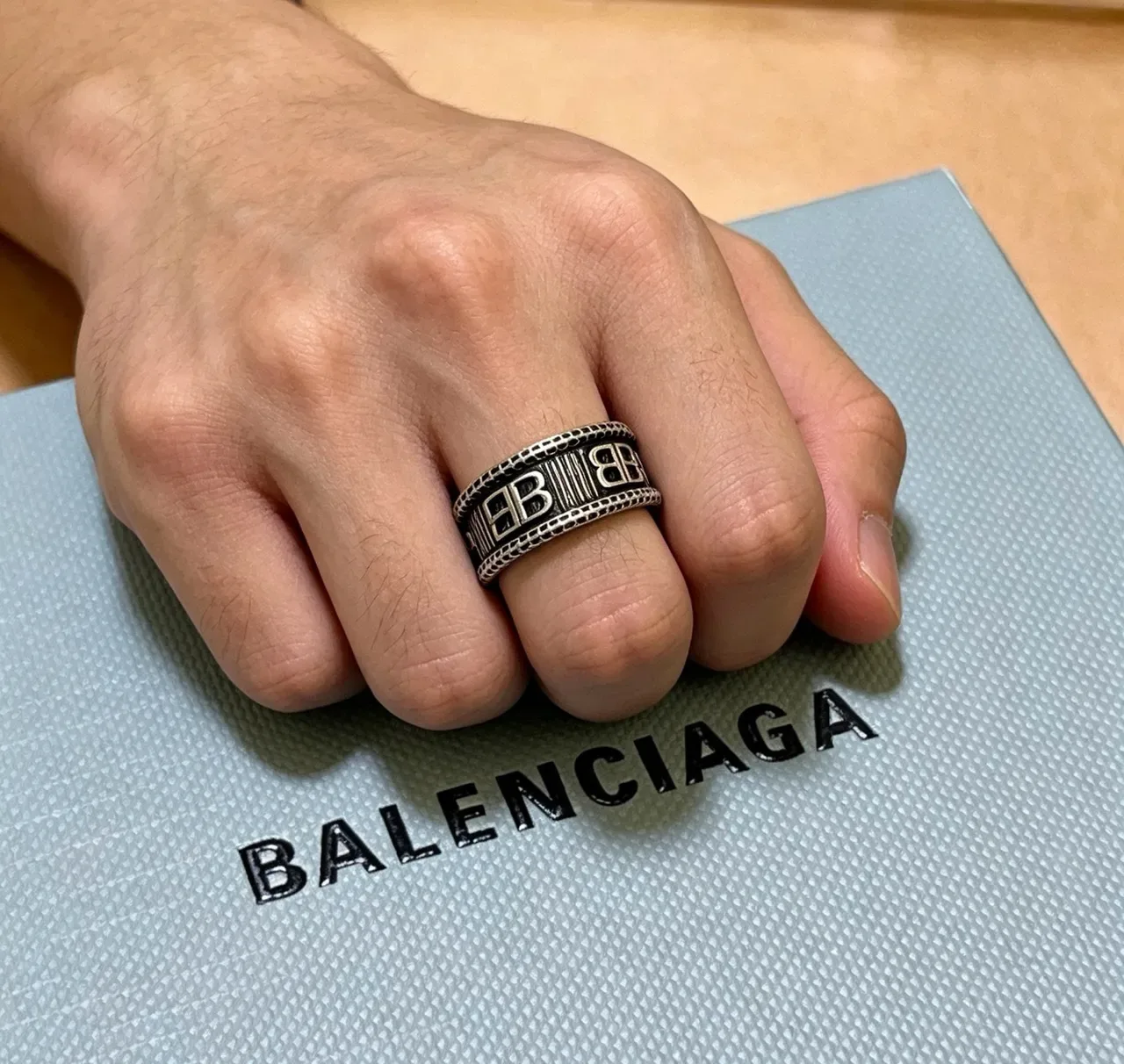 Balenciaga Logo Ring Silver Black Wide Band Engraved Ring 8