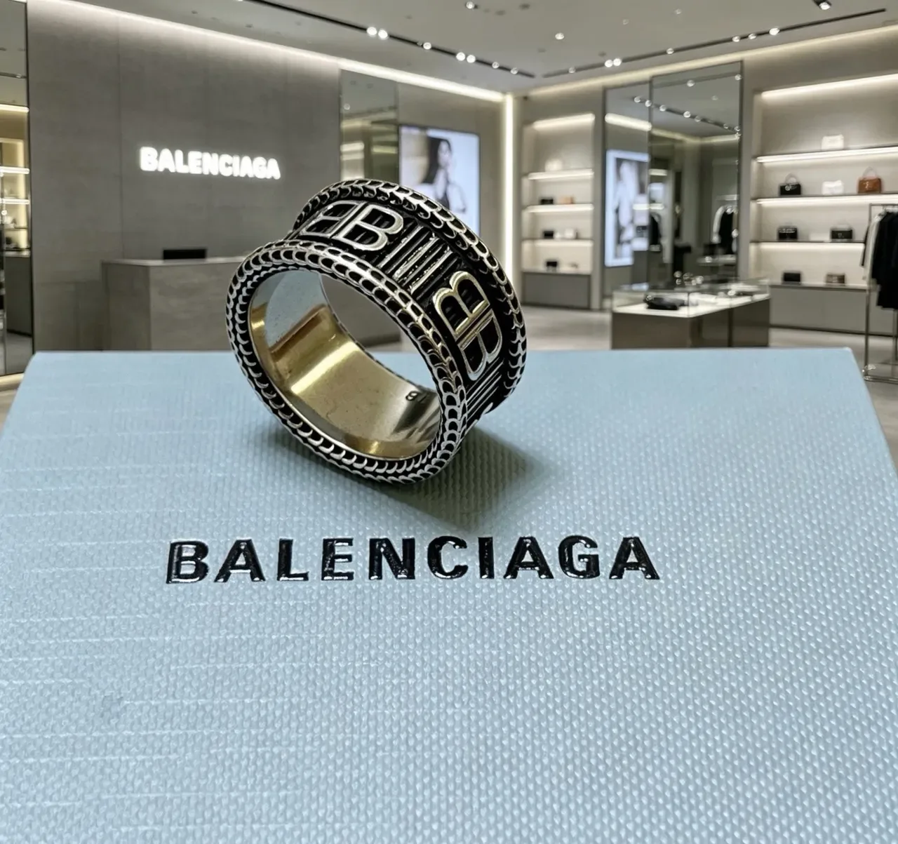 Balenciaga Logo Ring Silver Black Wide Band Engraved Ring 9