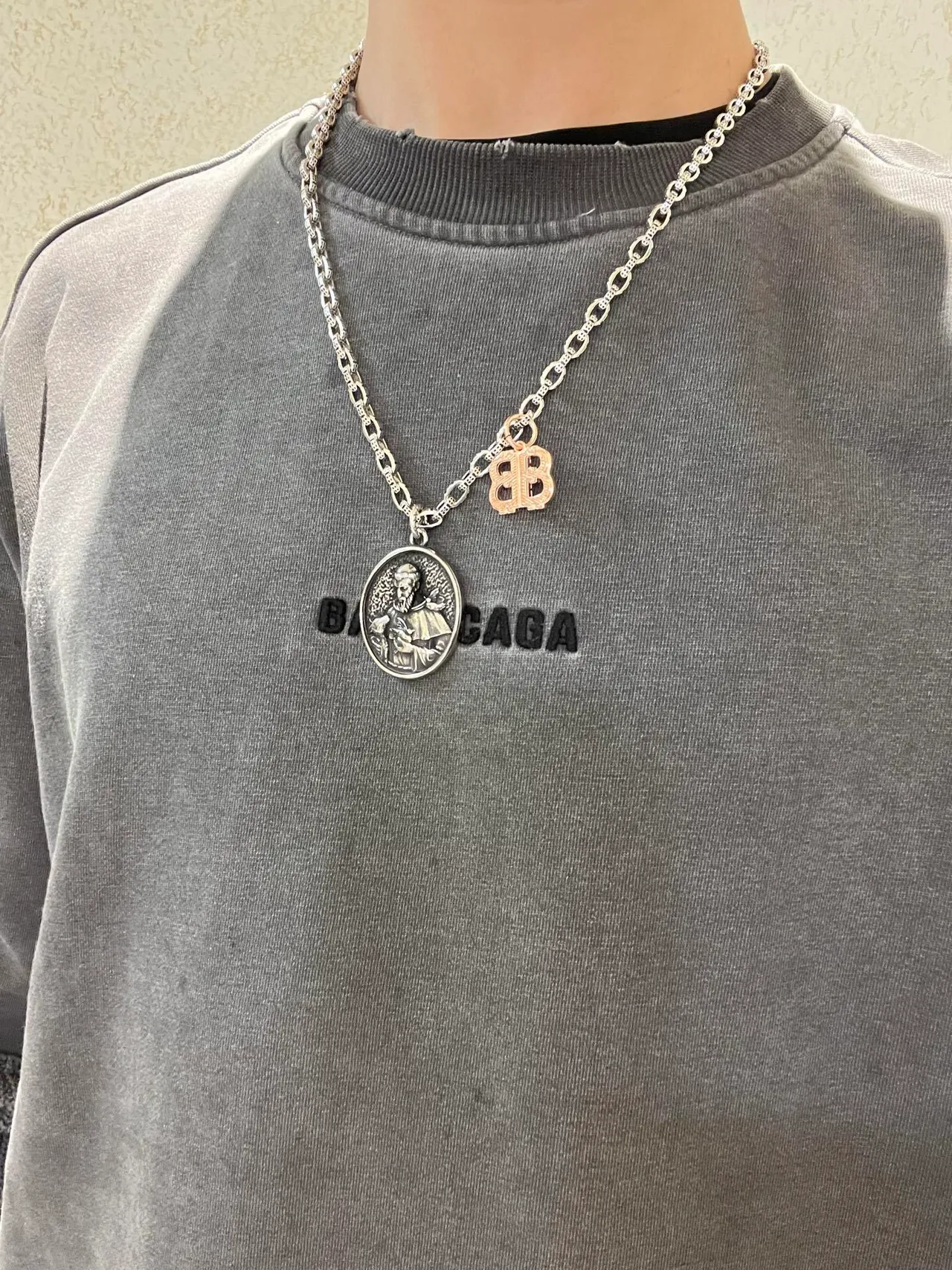 Balenciaga Religious Medallion and BB Charm Silver Necklace 2