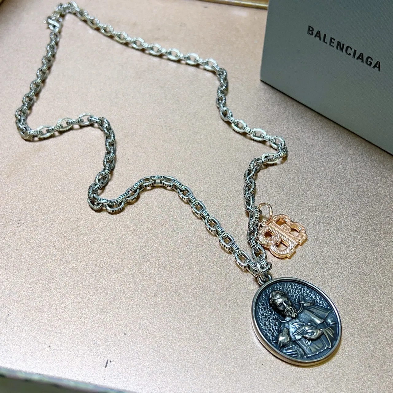 Balenciaga Religious Medallion and BB Charm Silver Necklace 3