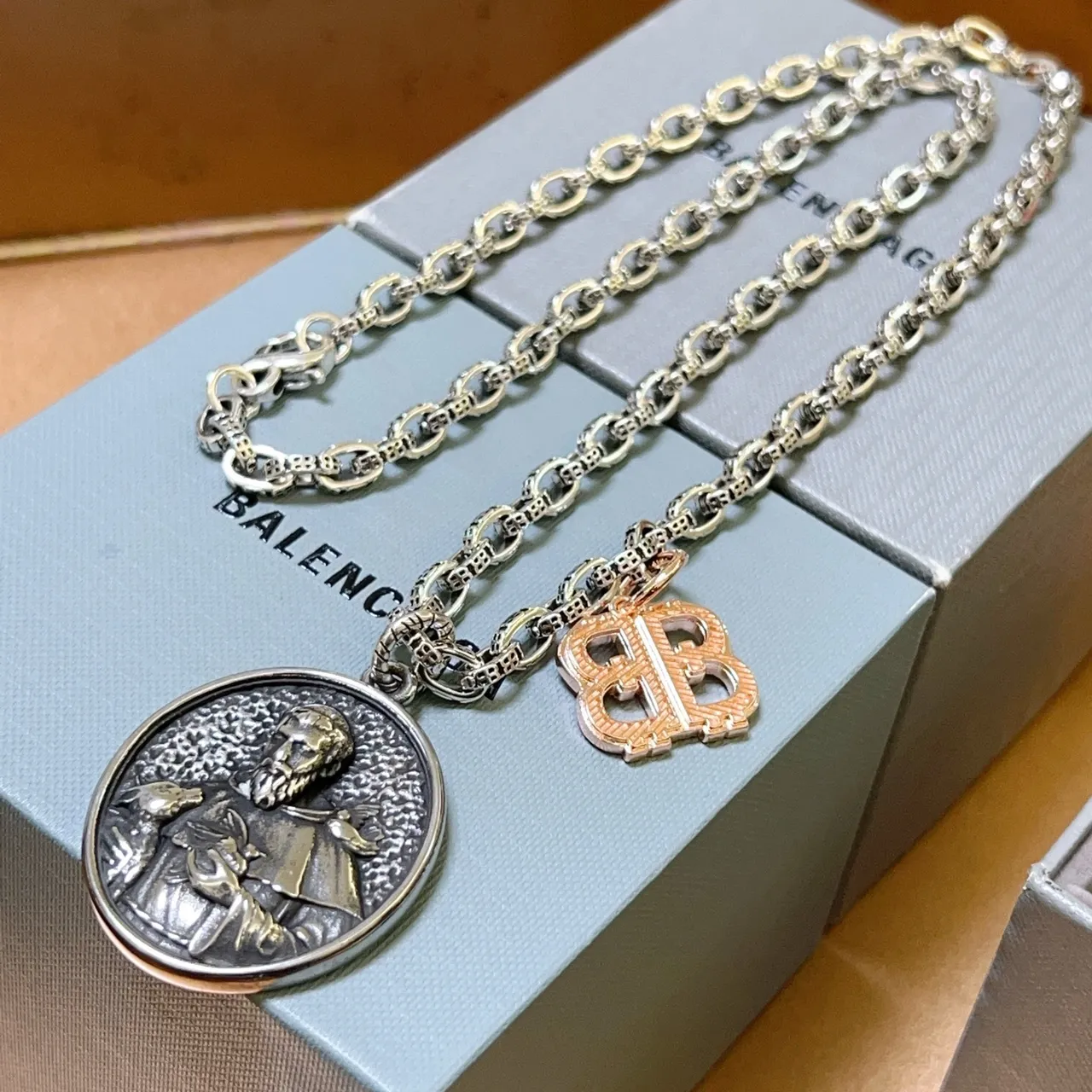 Balenciaga Religious Medallion and BB Charm Silver Necklace 4