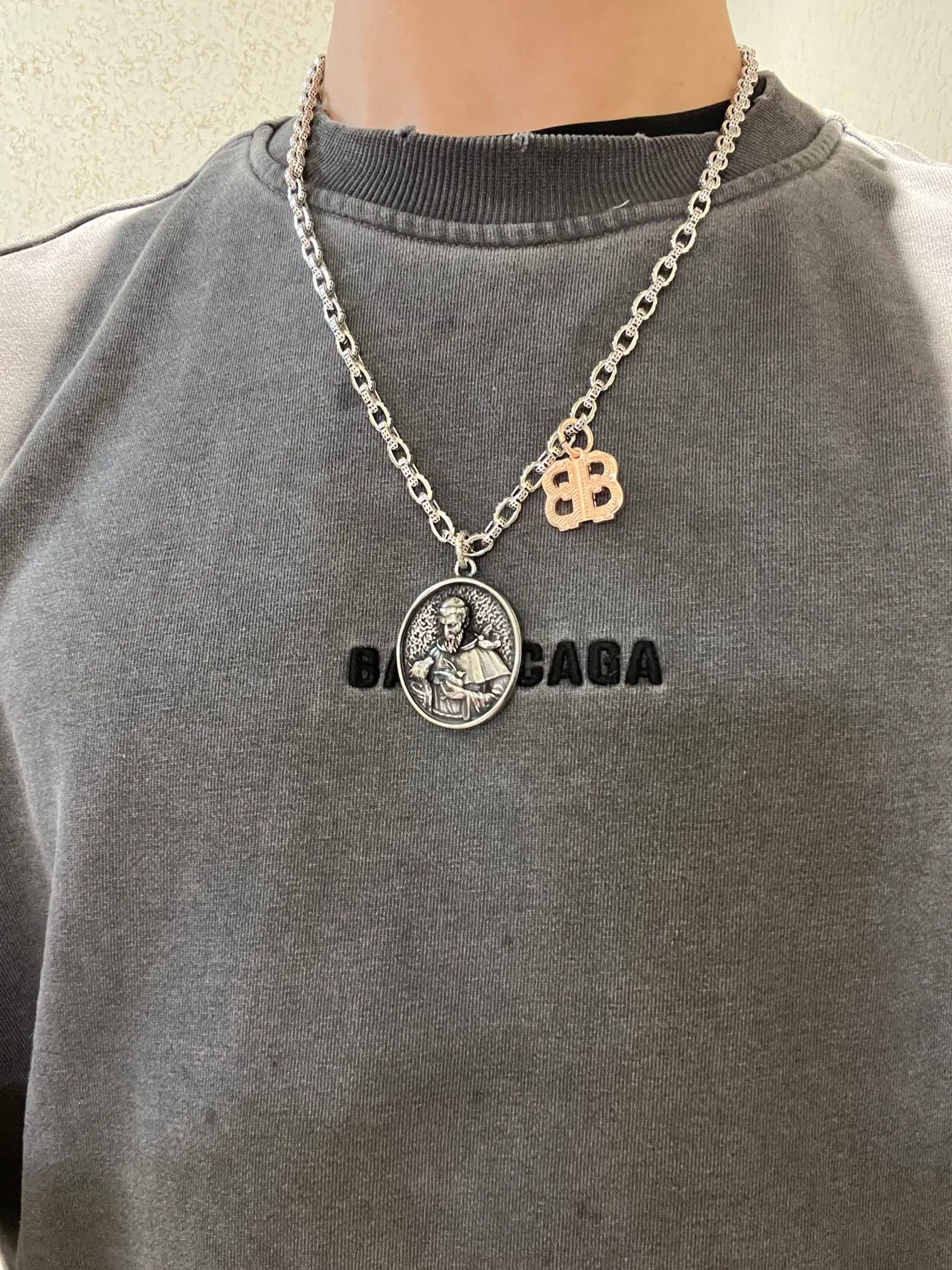 Balenciaga Religious Medallion and BB Charm Silver Necklace 5