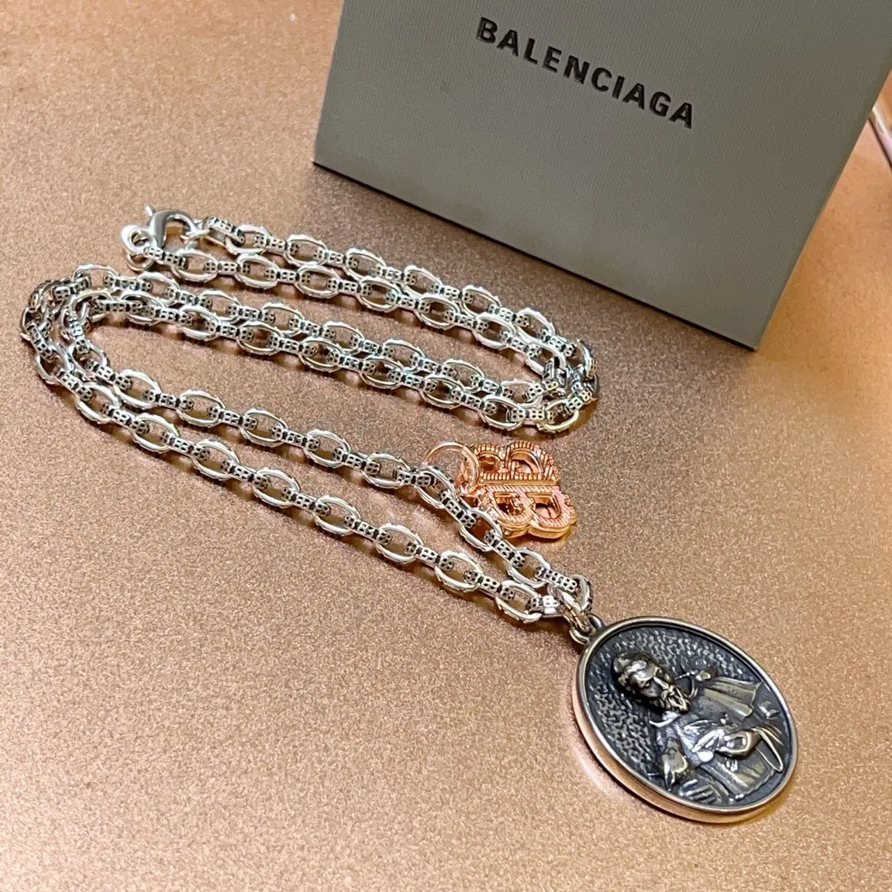 Balenciaga Religious Medallion and BB Charm Silver Necklace 6