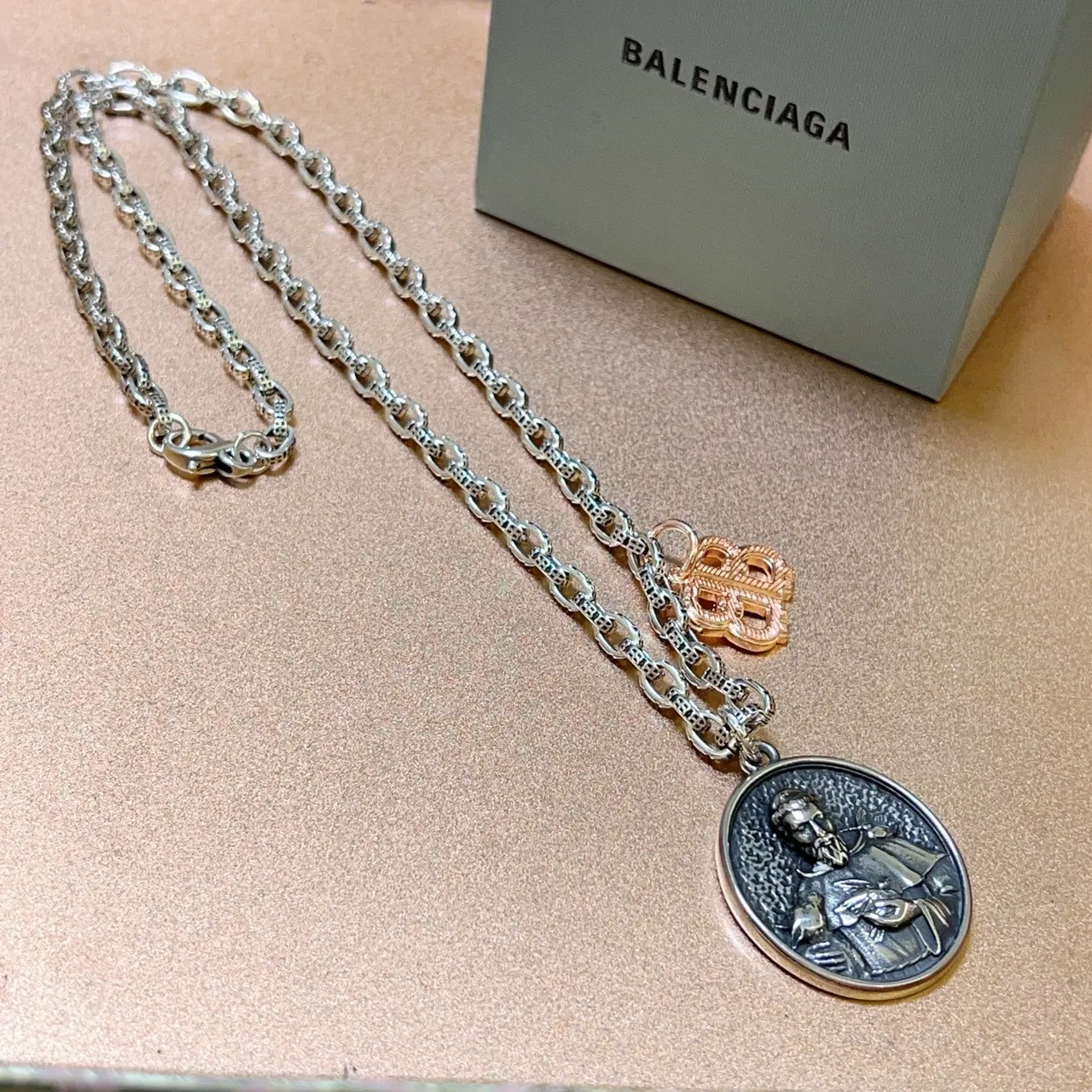 Balenciaga Religious Medallion and BB Charm Silver Necklace 7
