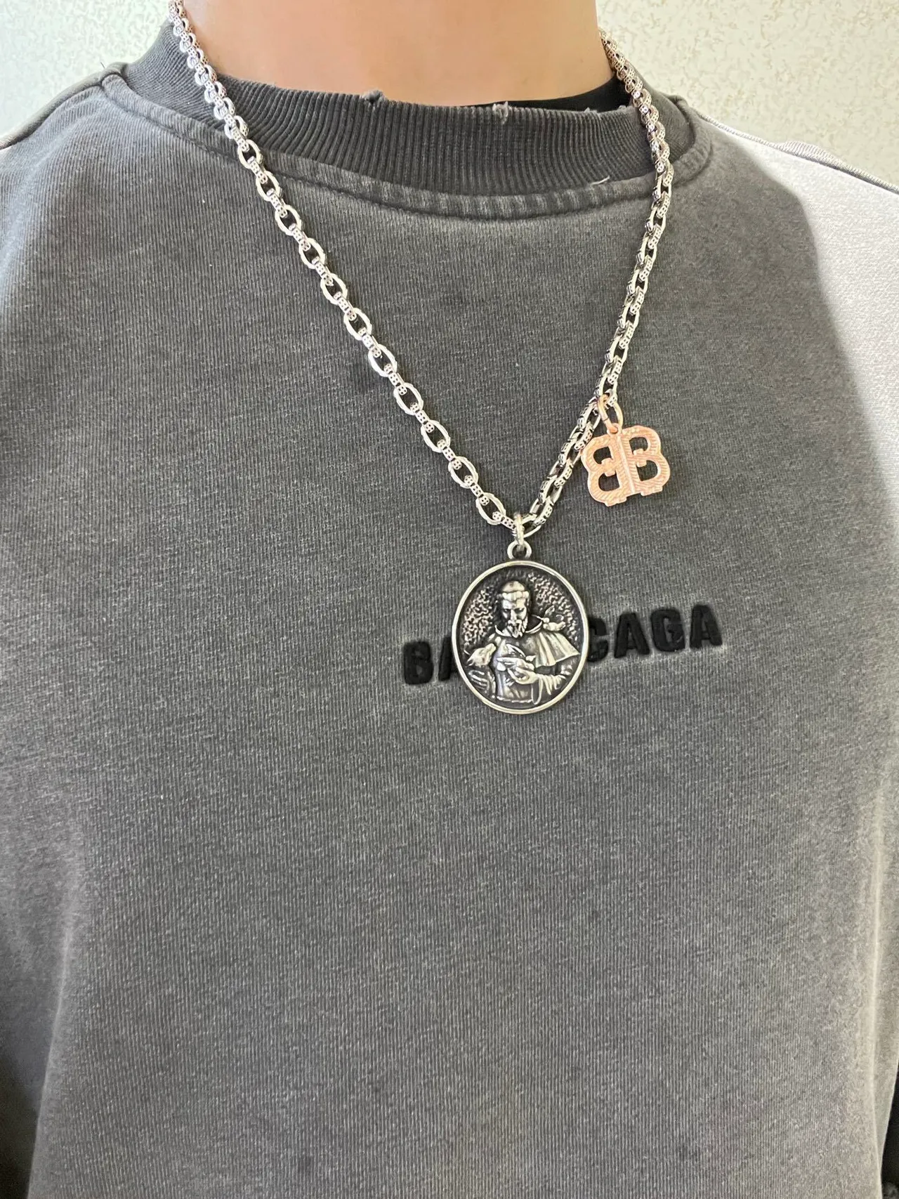 Balenciaga Religious Medallion and BB Charm Silver Necklace 8