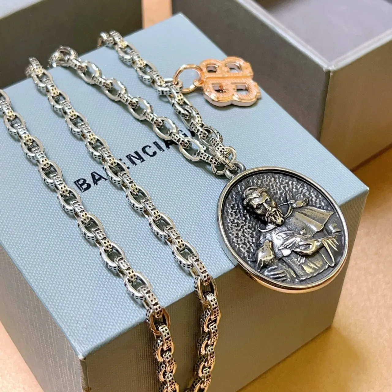 Balenciaga Religious Medallion and BB Charm Silver Necklace 9