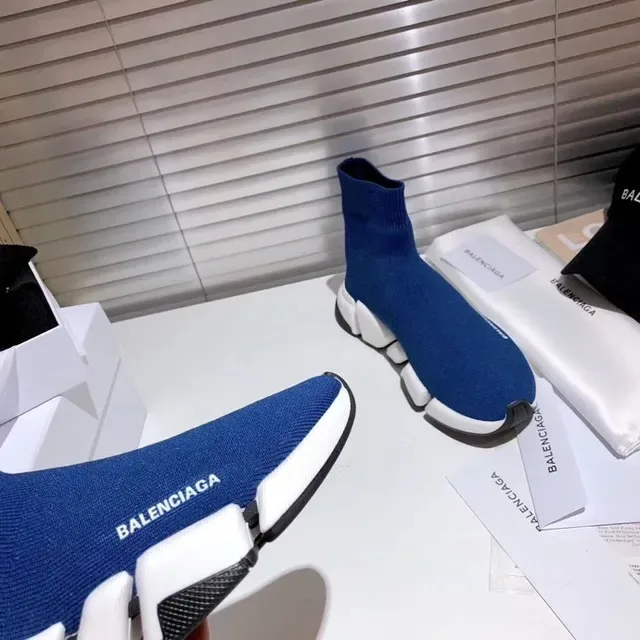 Balenciaga Speed Trainer حذاء أنيق أزرق وأبيض بدون أربطة نمط حياة 7