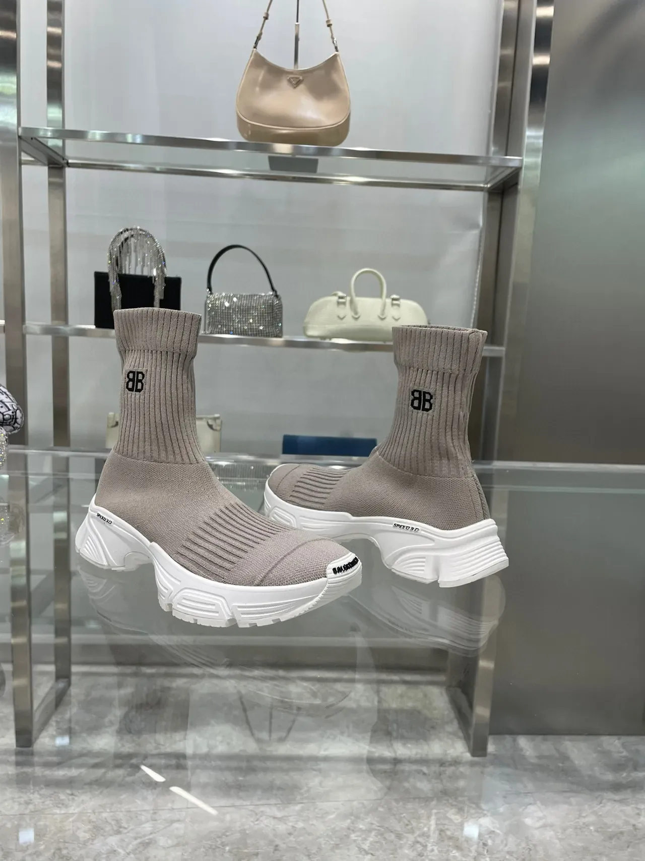 Balenciaga Speed Trainer Tênis Chunky Taupe de Tricô 7