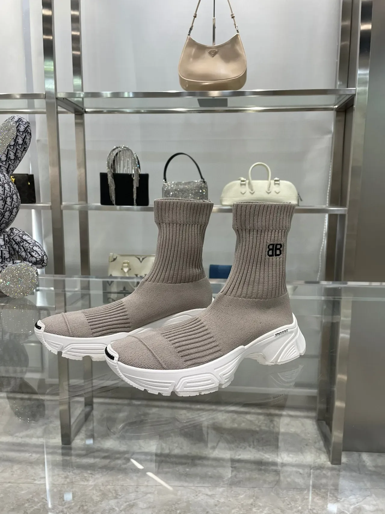 Balenciaga Speed Trainer Tênis Chunky Taupe de Tricô 8