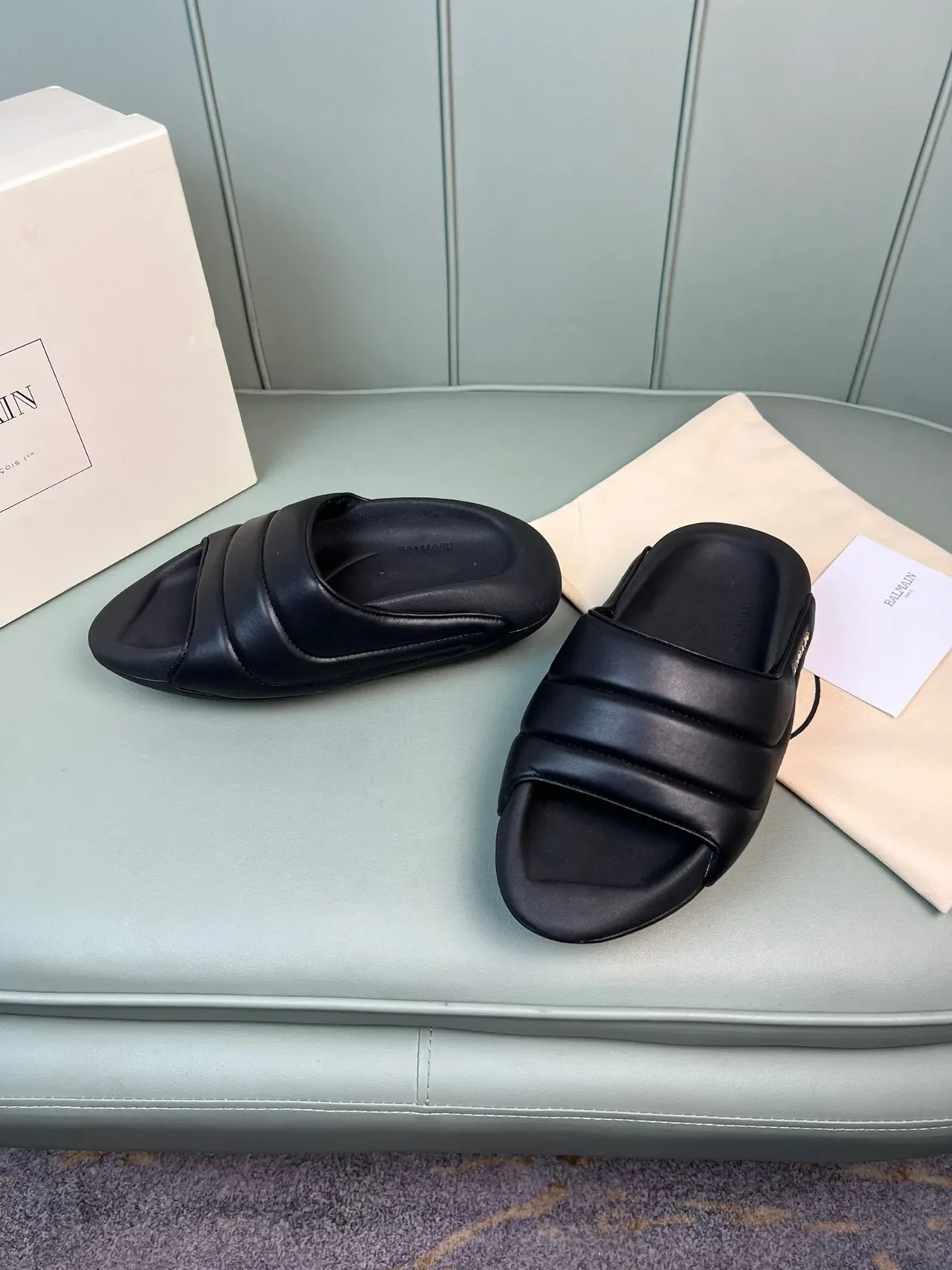 Balmain B-Court Black Gold Padded Strap Molded Sole Slippers 7