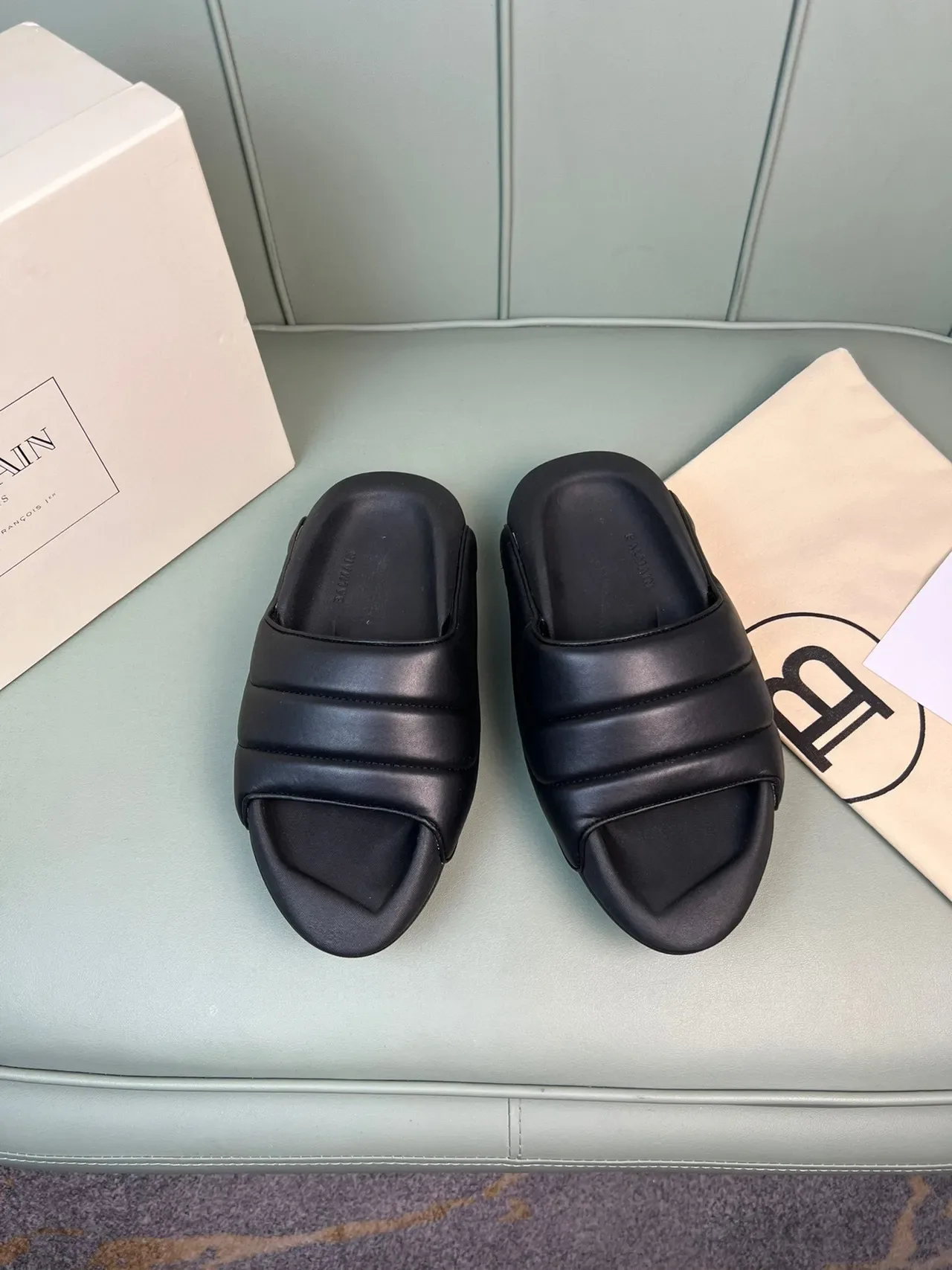 Balmain B-Court Black Gold Padded Strap Molded Sole Slippers 8
