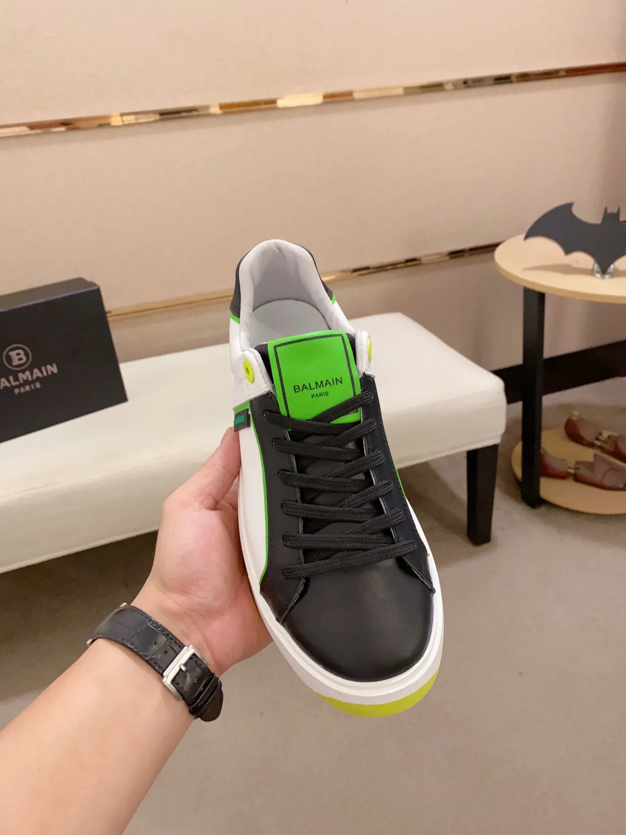 Balmain B-Court White Black Neon Green Lifestyle Sneakers 2