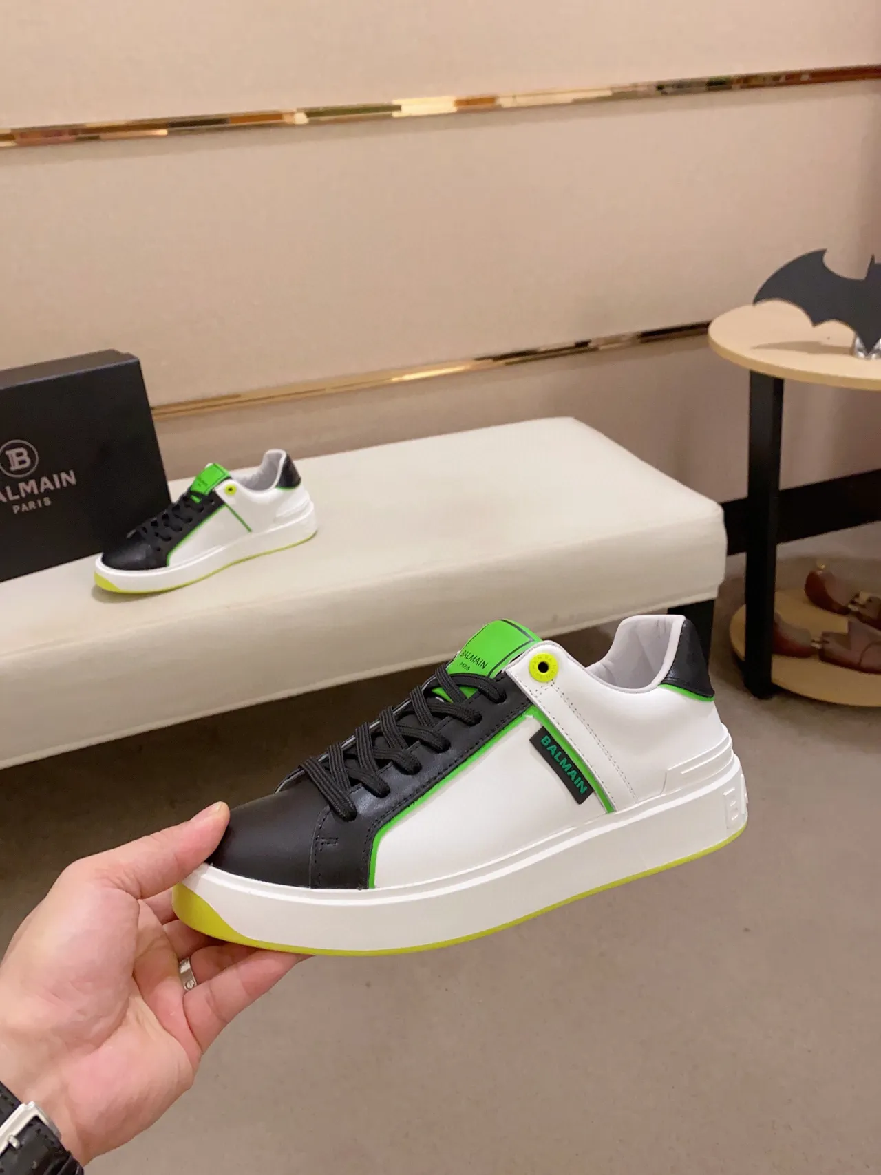 Balmain B-Court White Black Neon Green Lifestyle Sneakers 3