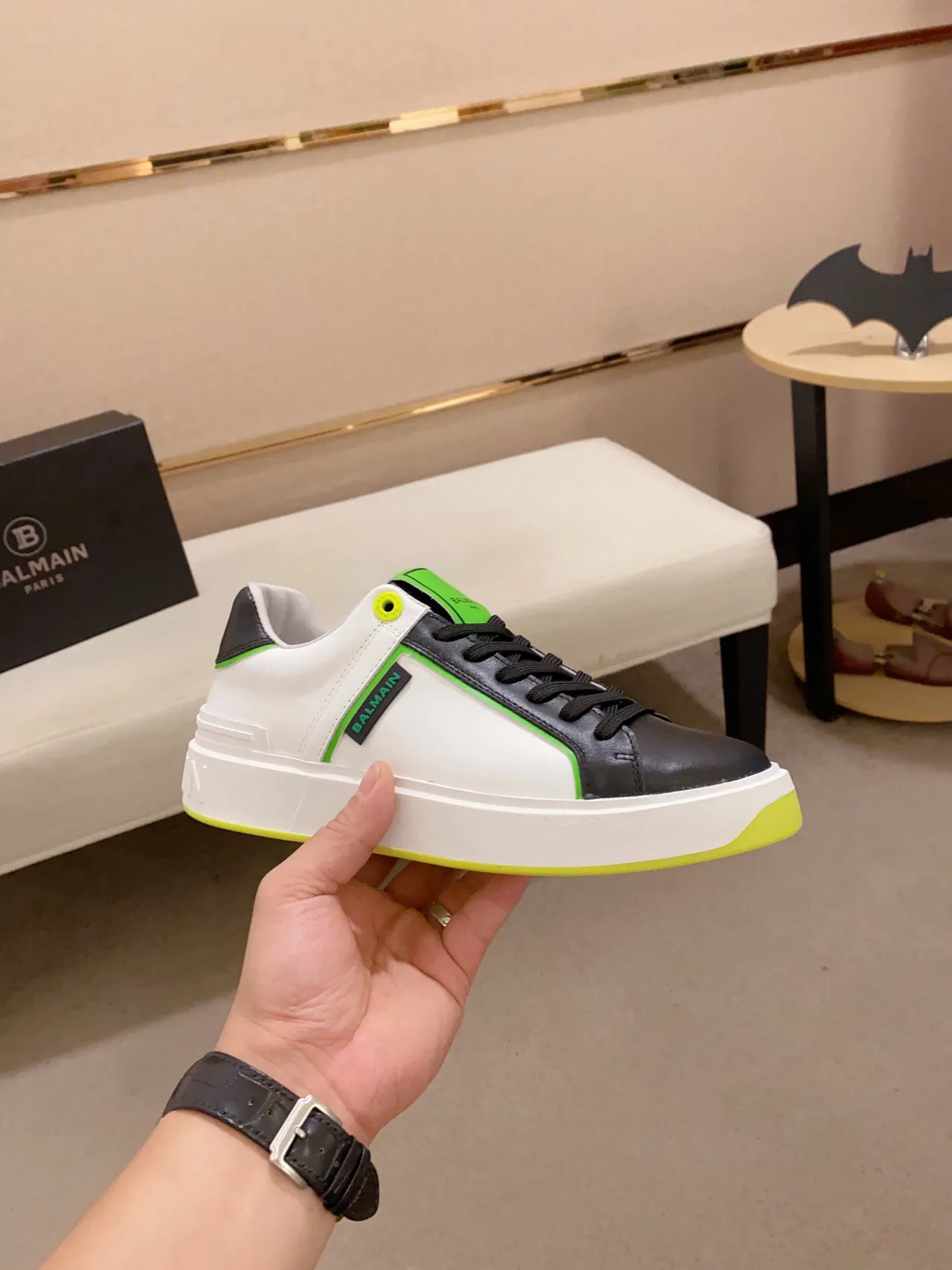 Balmain B-Court White Black Neon Green Lifestyle Sneakers 4
