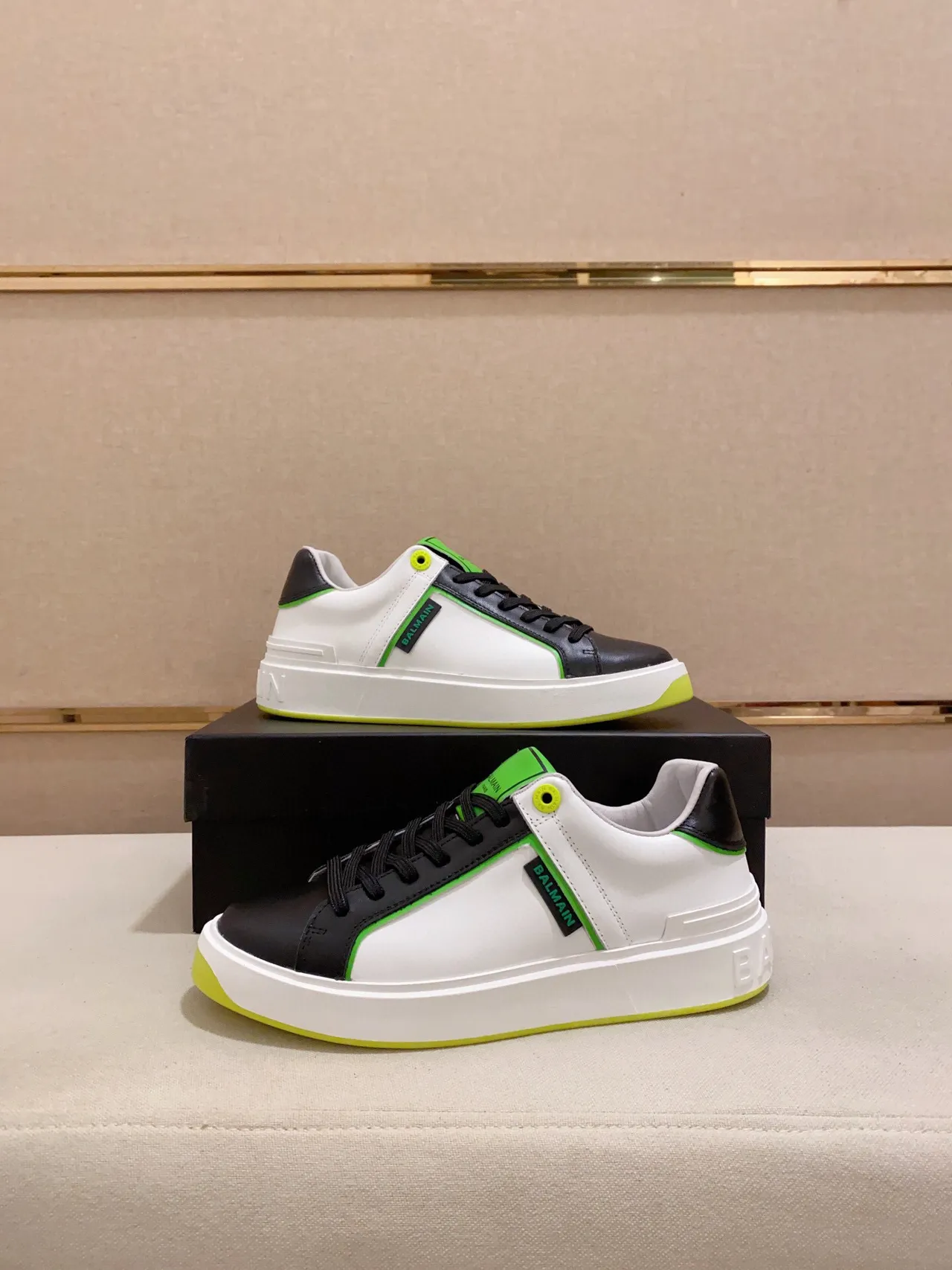 Balmain B-Court White Black Neon Green Lifestyle Sneakers 6