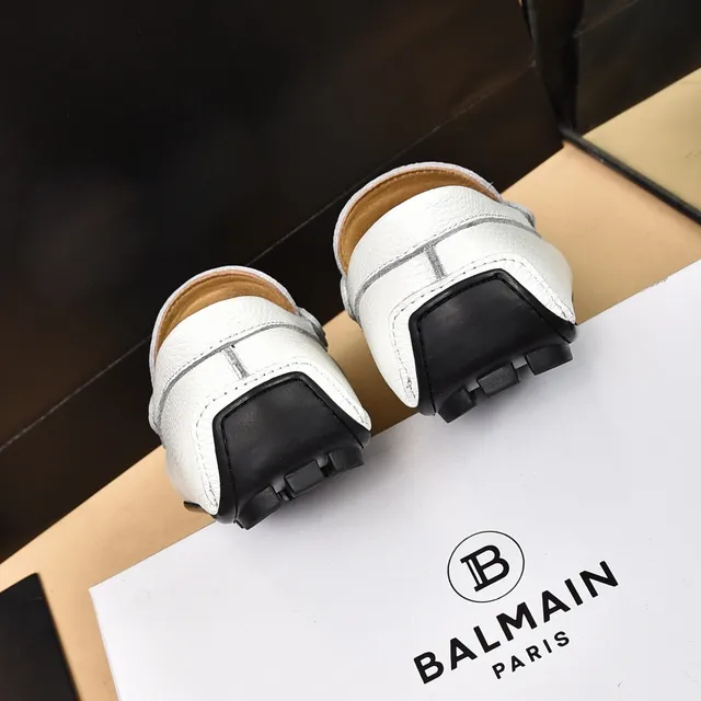 Balmain B-Court White Silver Pebbled Leather Metal Buckle Loafer 2