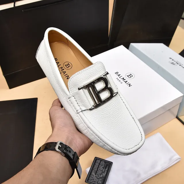 Balmain B-Court White Silver Pebbled Leather Metal Buckle Loafer 6