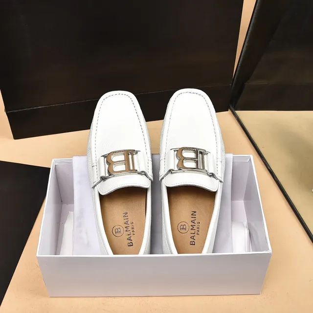 Balmain B-Court White Silver Pebbled Leather Metal Buckle Loafer 7