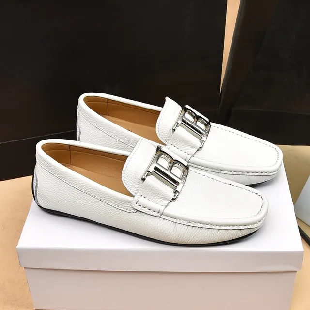 Balmain B-Court White Silver Pebbled Leather Metal Buckle Loafer 9