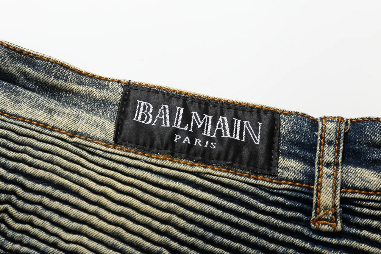 Balmain Moto Panel Distressed Blue Denim Shorts 4