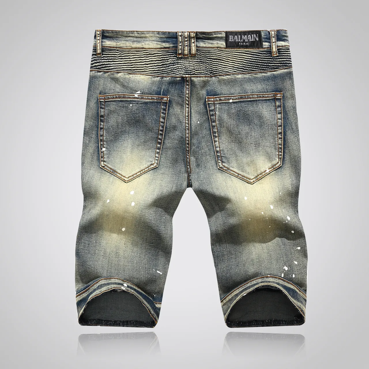 Balmain Moto Panel Distressed Blue Denim Shorts 18