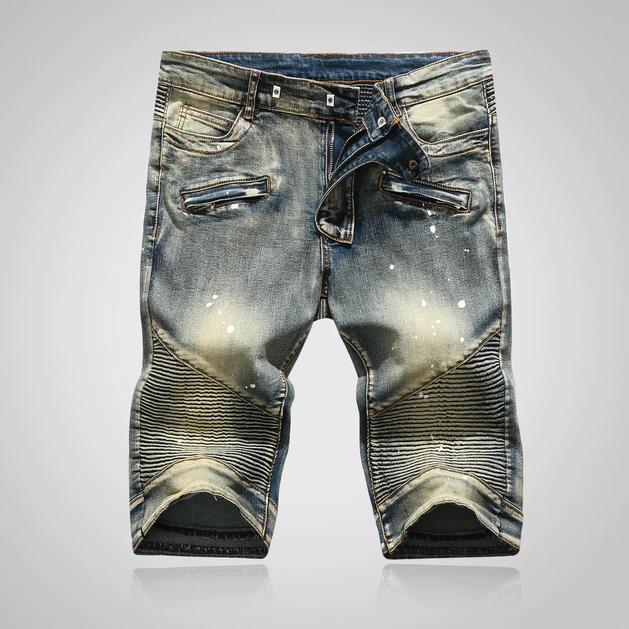 Balmain Moto Panel Distressed Blue Denim Shorts 19