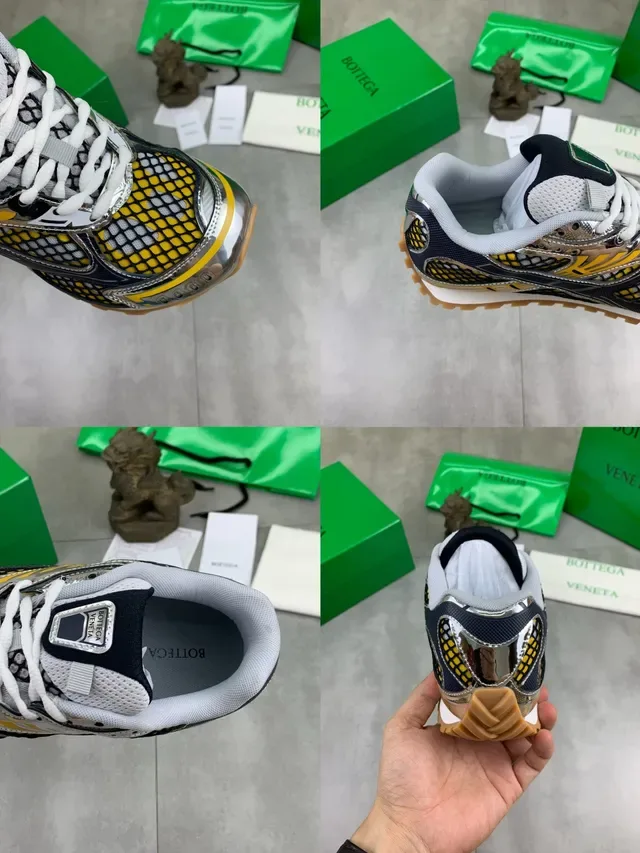 Bottega Veneta Navy and Yellow Mesh Metallic Sneakers 3