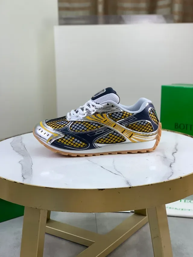 Bottega Veneta Navy and Yellow Mesh Metallic Sneakers 6