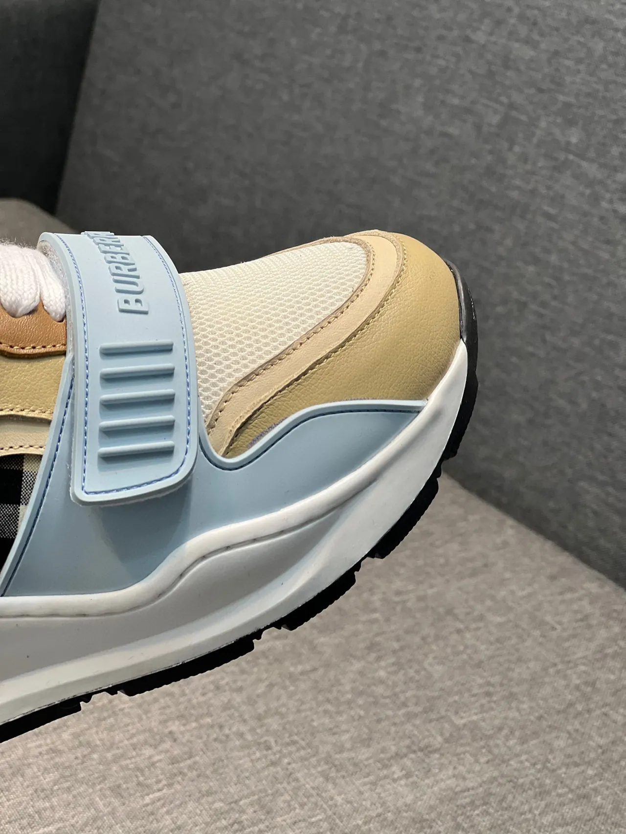 Burberry Beige Blue Sculpted Sole Check-Pattern Panel Chunky Sneakers 3