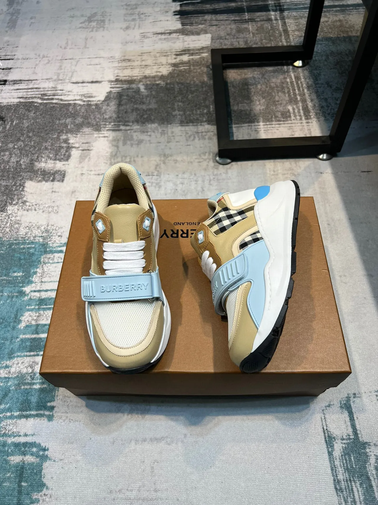 Burberry Beige Blue Sculpted Sole Check-Pattern Panel Chunky Sneakers 4