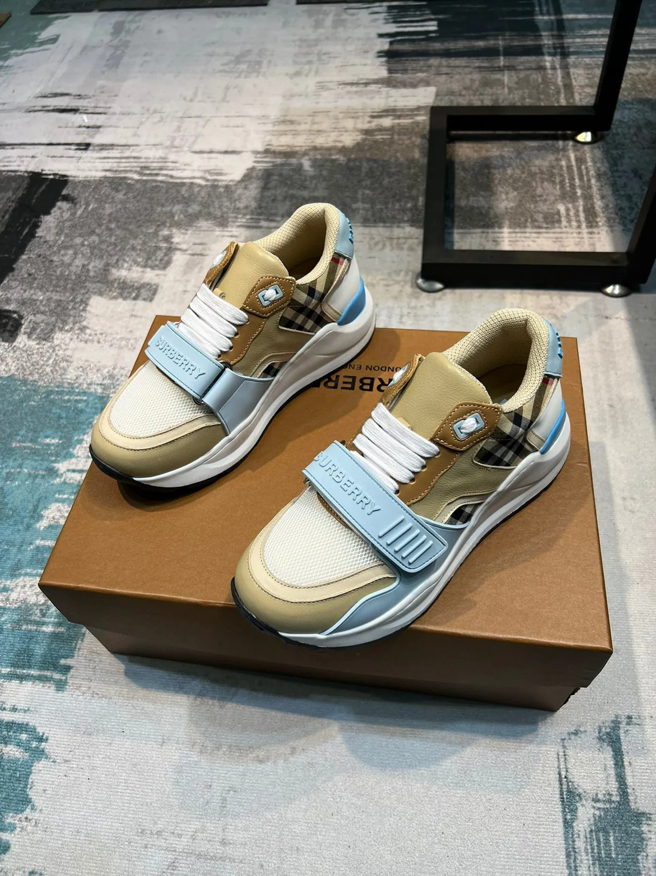 Burberry Beige Blue Sculpted Sole Check-Pattern Panel Chunky Sneakers 5