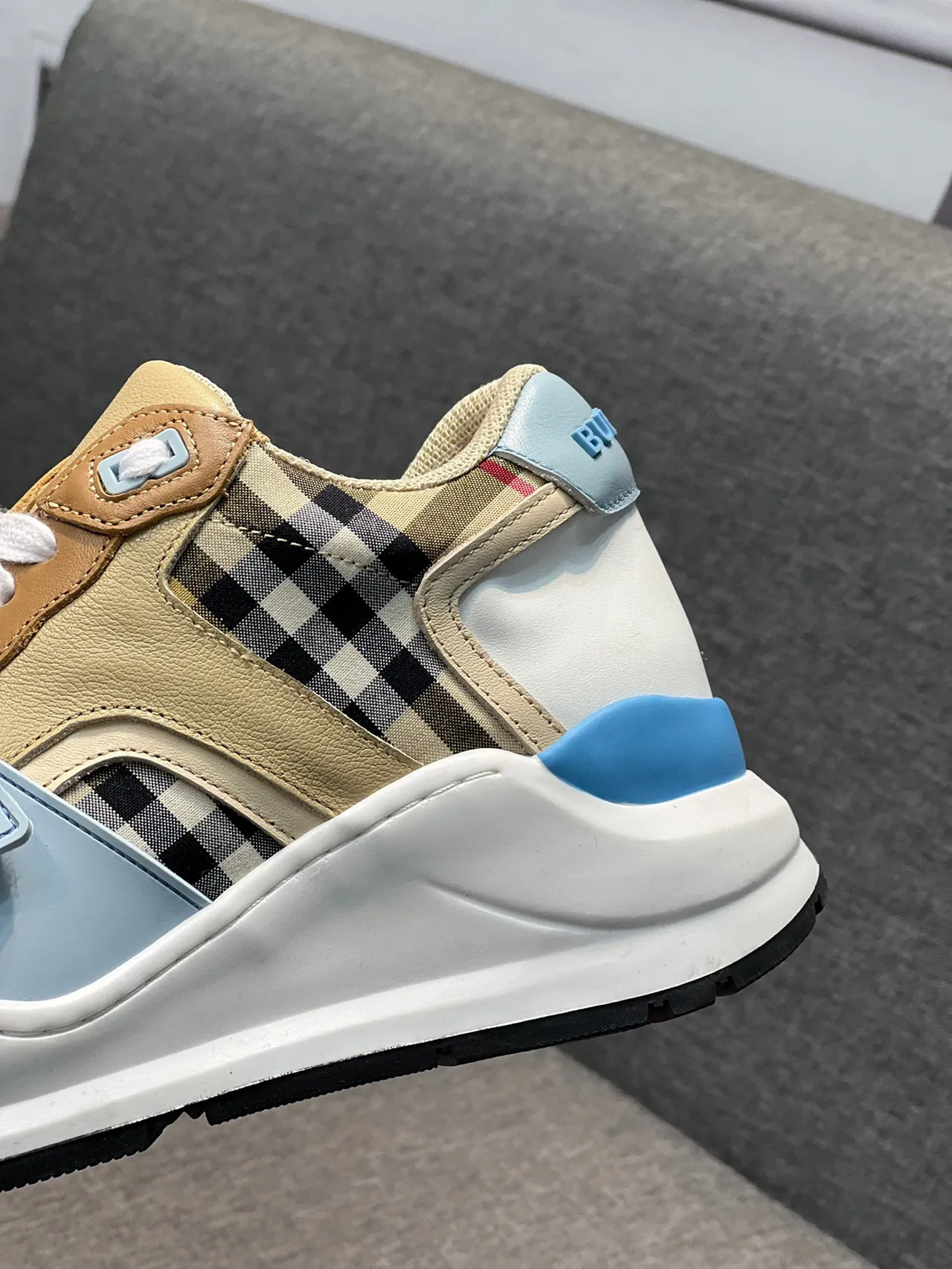 Burberry Beige Blue Sculpted Sole Check-Pattern Panel Chunky Sneakers 8