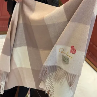 Burberry 米色灰经典格子图案刺绣标志羊绒围巾